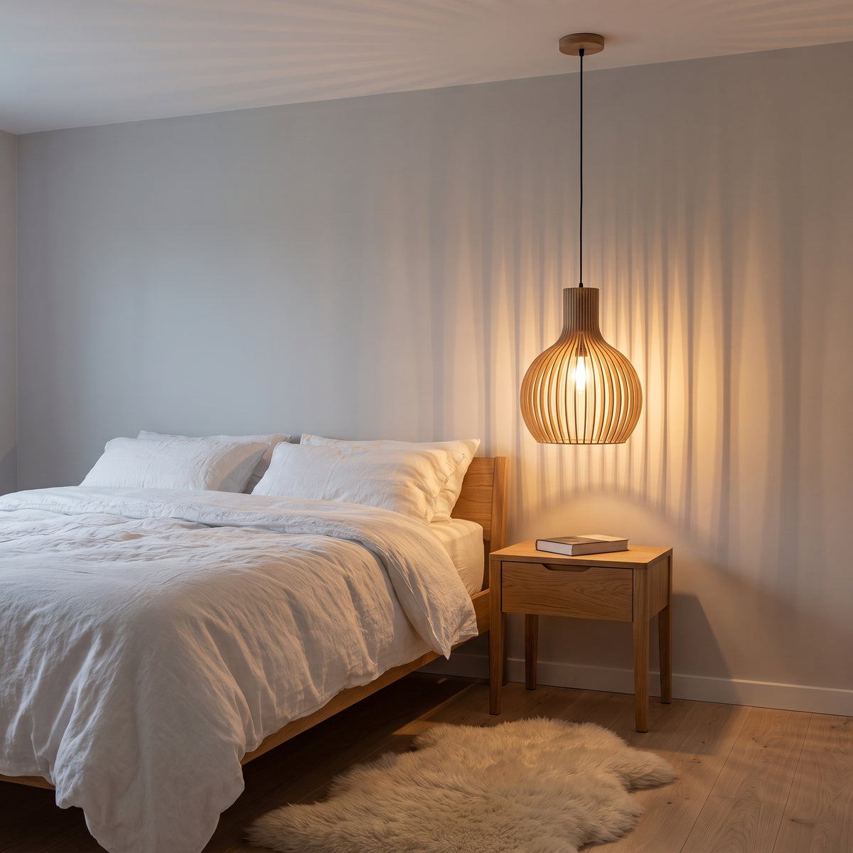 Wooden slat cage pendant lamp shade as a bedside pendant in a calm bedroom