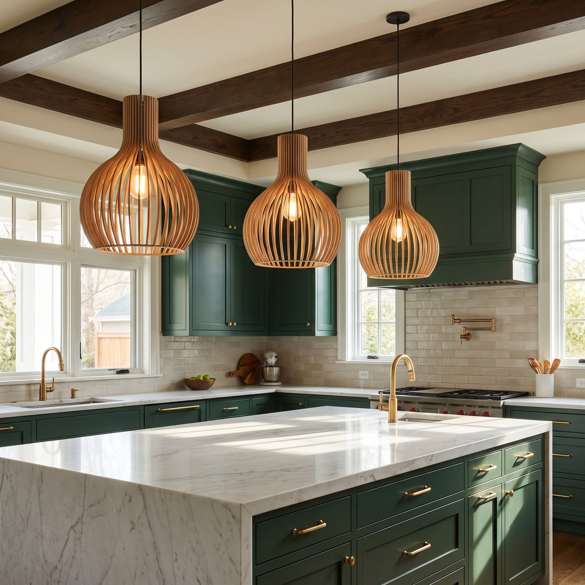 Three wooden slat cage pendant lamp shades above a Craftsman kitchen island