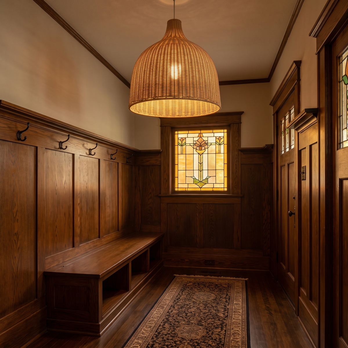 Wicker bell pendant lamp shade in a Craftsman bungalow entry hall