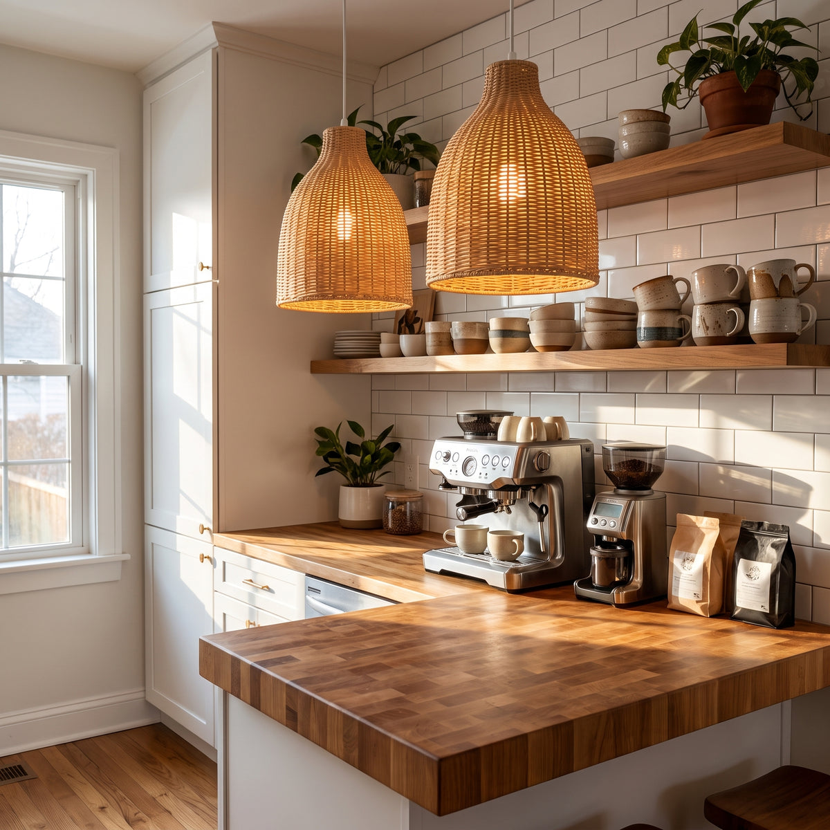 Two wicker bell pendant lamp shades above a home coffee bar