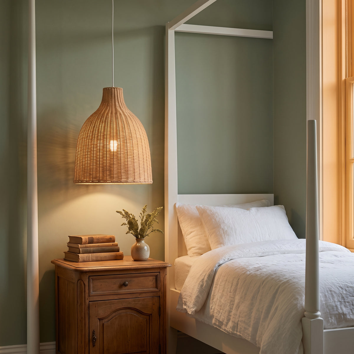 Wicker bell pendant lamp shade as a bedside pendant in a Savannah bedroom
