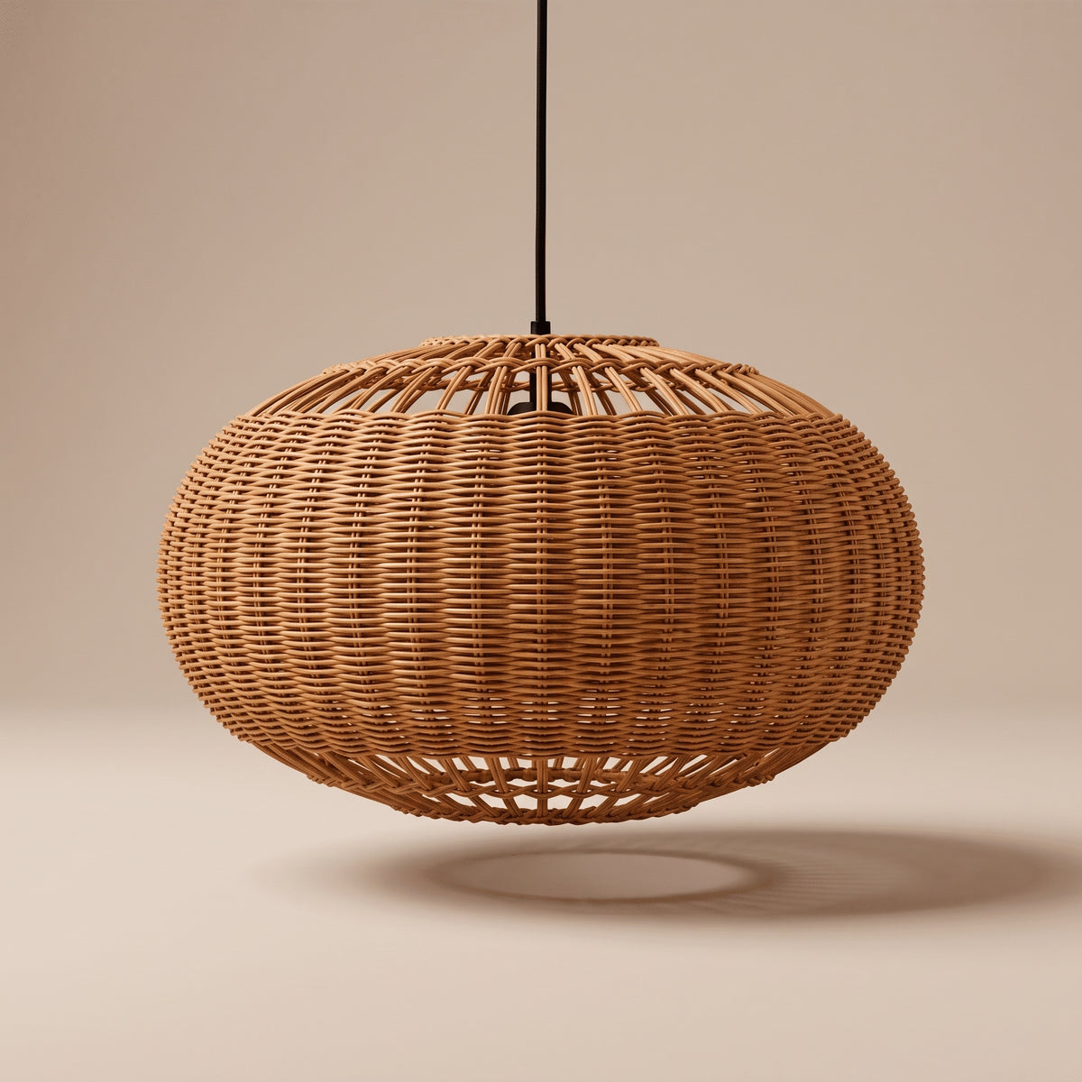 Wide wicker globe pendant lamp shade unlit, three-quarter view showing the natural texture