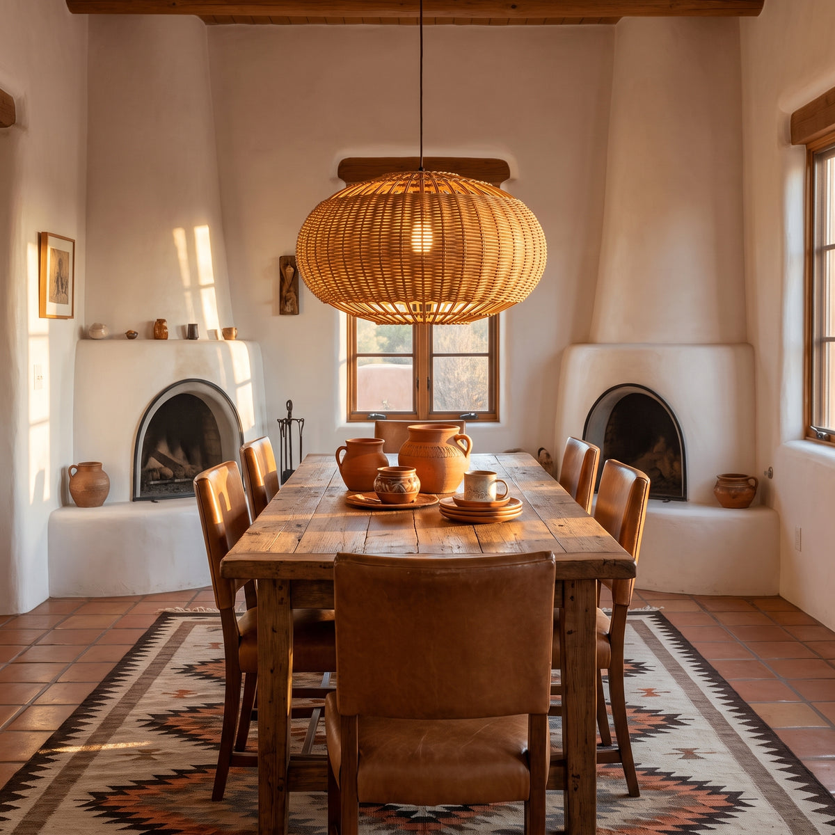 Wide wicker globe pendant lamp shade above a Santa Fe adobe dining table