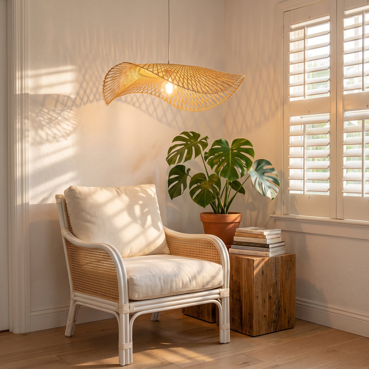 Bamboo cone pendant lamp shade above a reading chair in a beach cottage