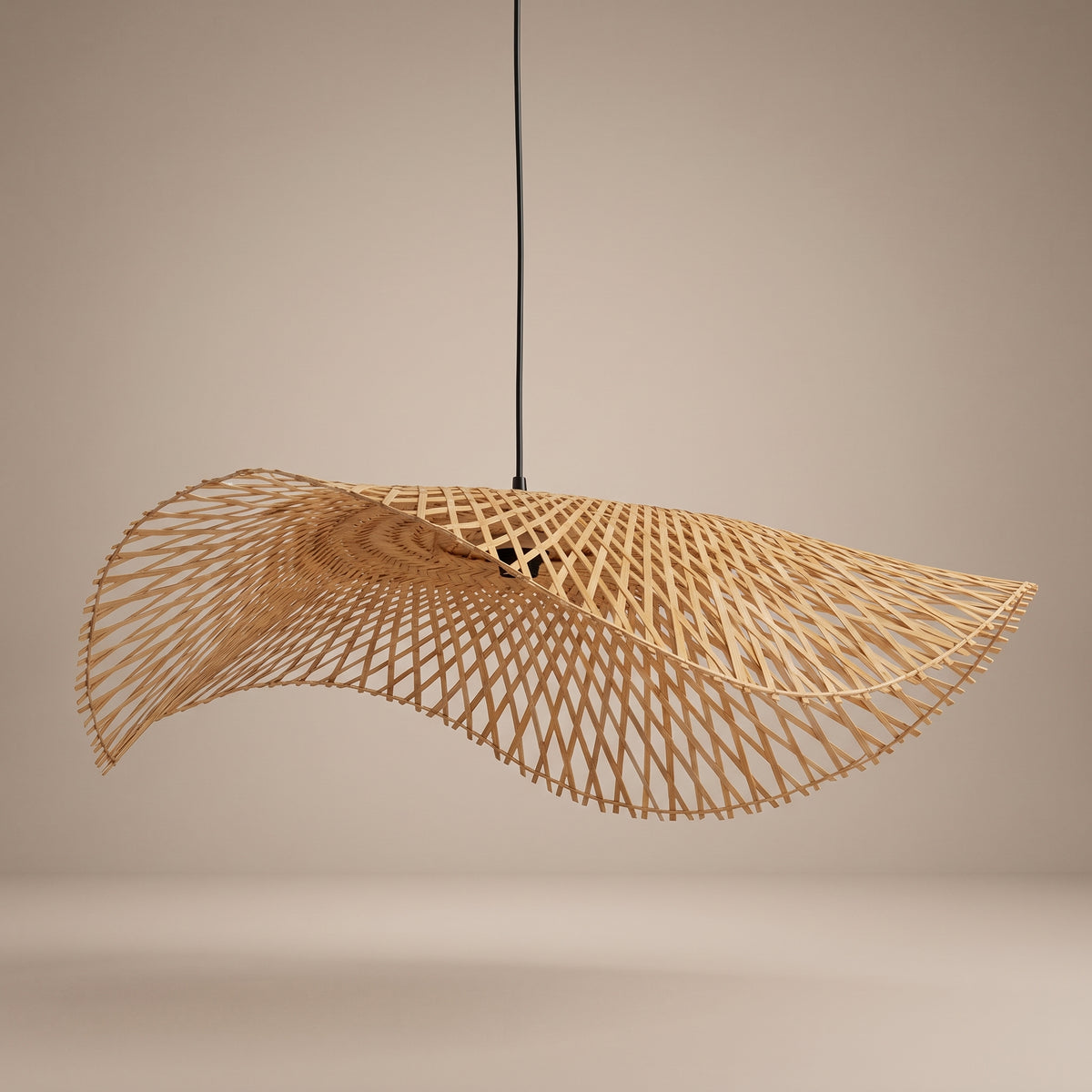 Bamboo cone pendant lamp shade unlit, three-quarter view showing the natural texture