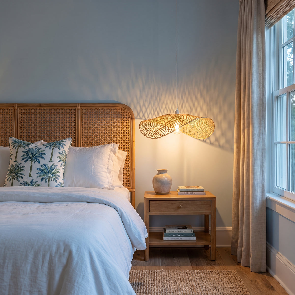 Bamboo cone pendant lamp shade as a bedside pendant in a guest bedroom