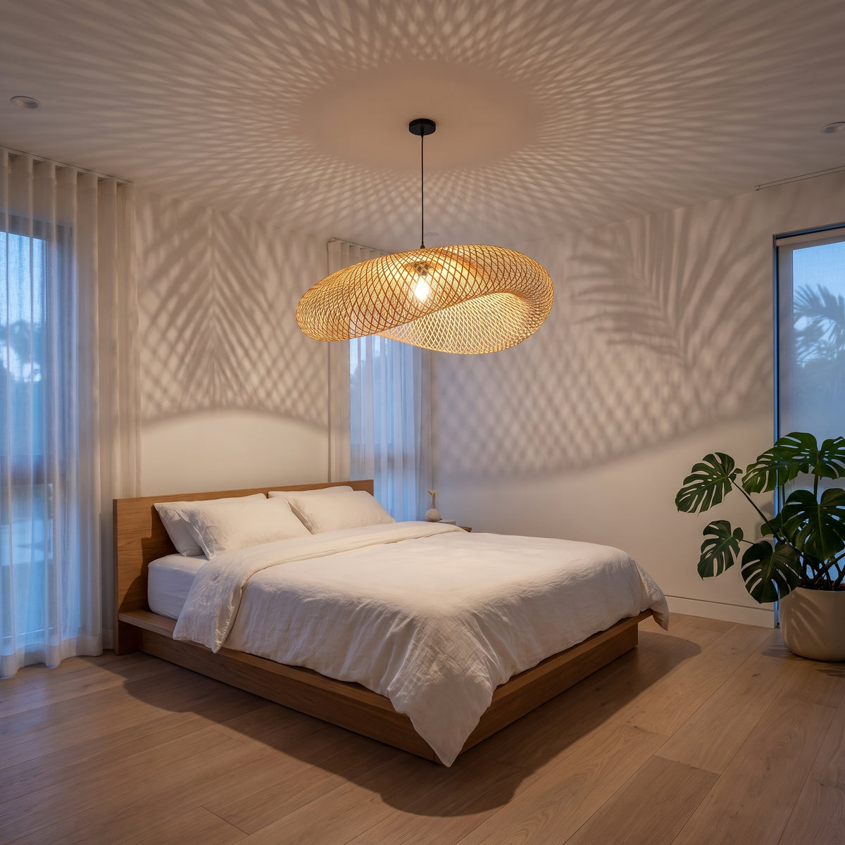 Sculptural wave bamboo pendant lamp shade above the bed in a Miami bedroom