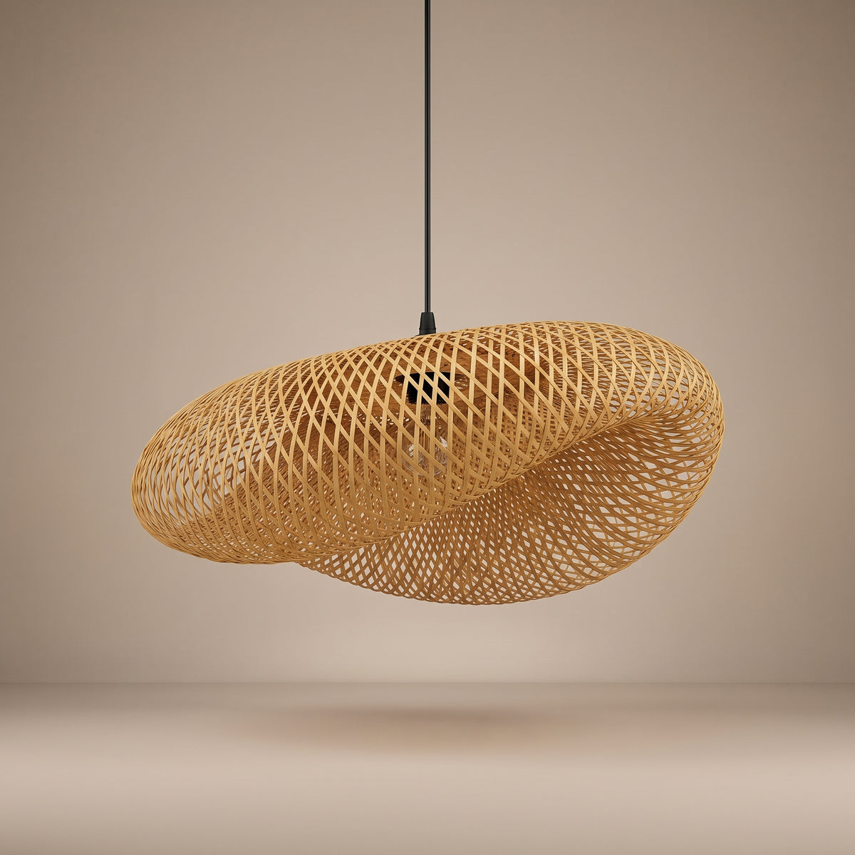 Sculptural wave bamboo pendant lamp shade unlit, three-quarter view showing the natural texture