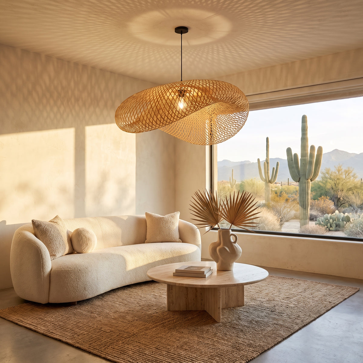 Sculptural wave bamboo pendant lamp shade in an organic modern Scottsdale living room