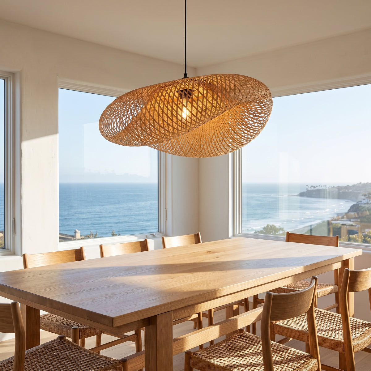 Sculptural wave bamboo pendant lamp shade above a coastal San Diego dining table
