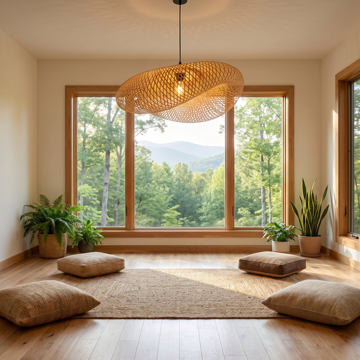 Sculptural wave bamboo pendant lamp shade in a calm mountain-home meditation room