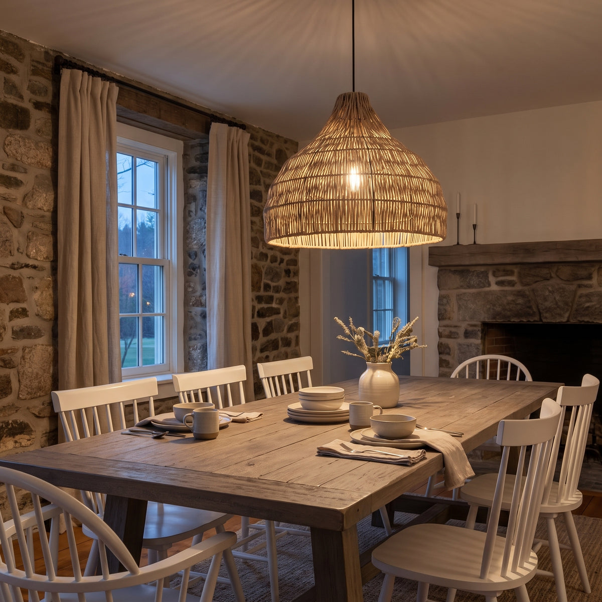 Weathered wicker pendant lamp shade above a Connecticut farmhouse dining table