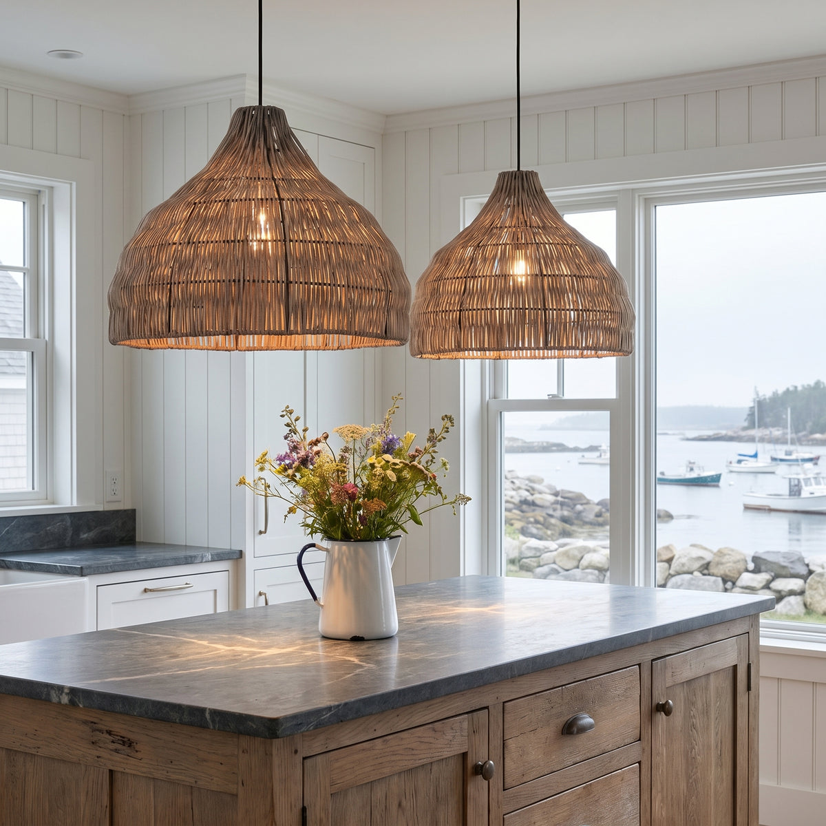 Weathered wicker pendant lamp shade above a coastal Maine kitchen island