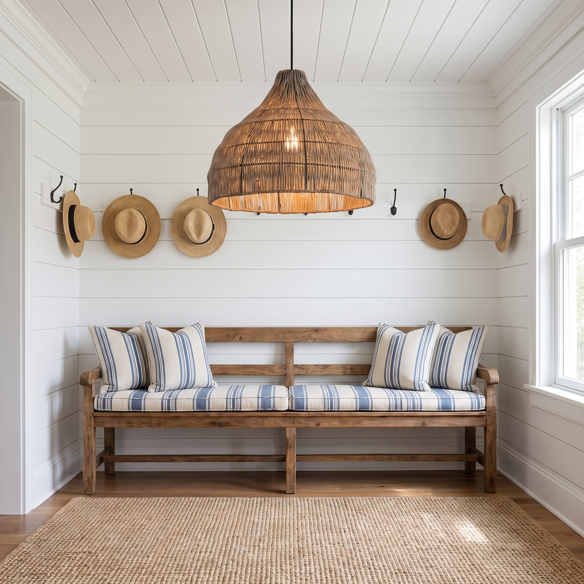 Weathered wicker pendant lamp shade in a Cape Cod mudroom