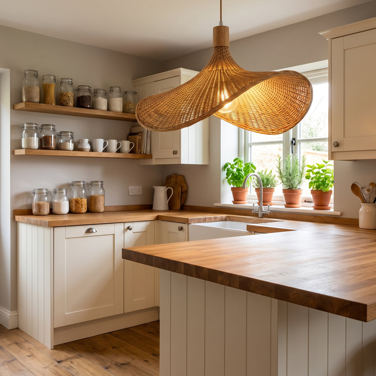 Asymmetric wicker pendant lamp shade above a cottage kitchen counter