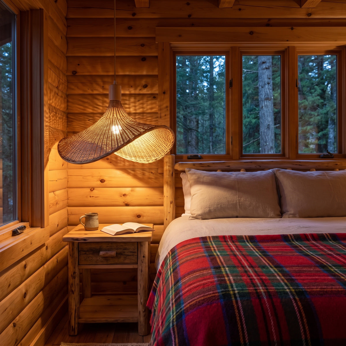 Asymmetric wicker pendant lamp shade as a bedside pendant in a cabin bedroom