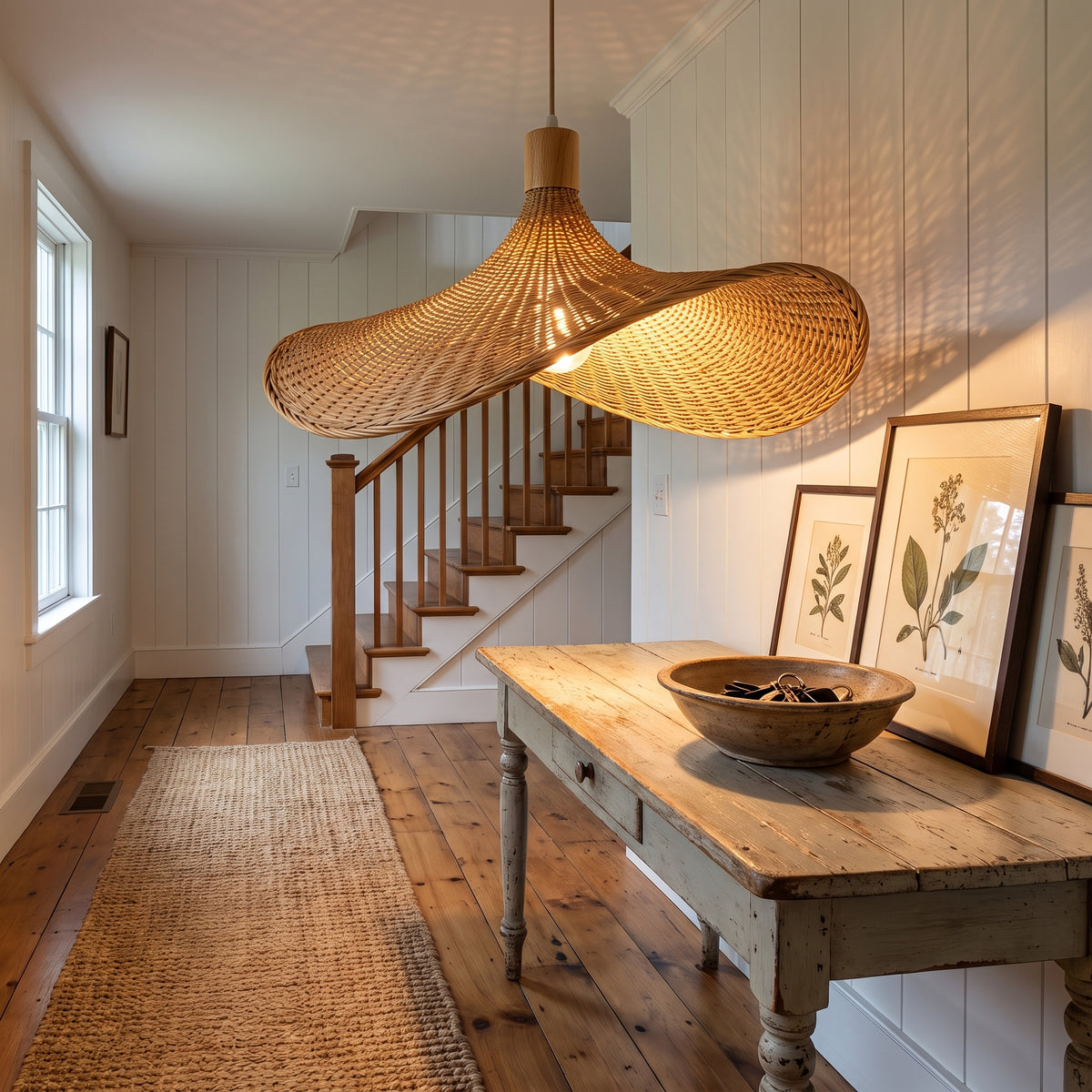 Asymmetric wicker pendant lamp shade above a farmhouse entryway console