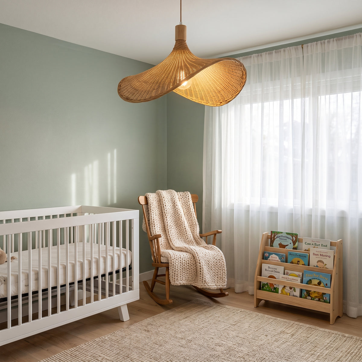 Asymmetric wicker pendant lamp shade in a calm nursery