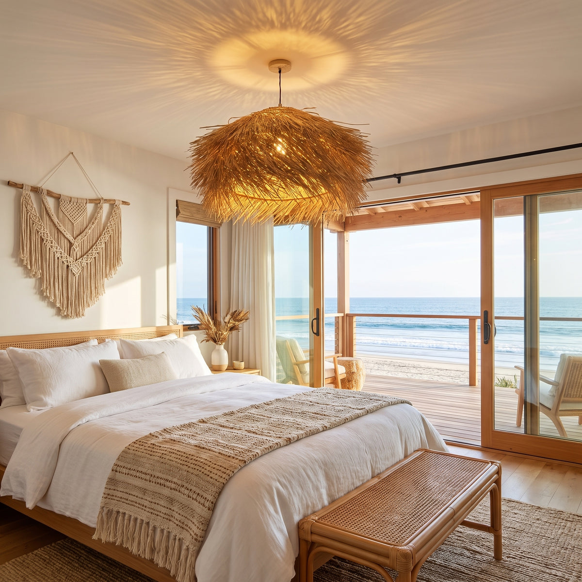 Straw fringe pendant lamp shade above the bed in a Malibu bungalow