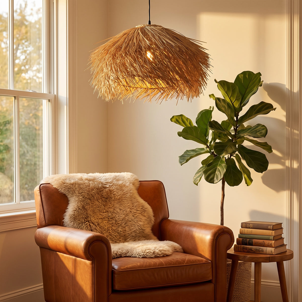Straw fringe pendant lamp shade above a leather reading chair