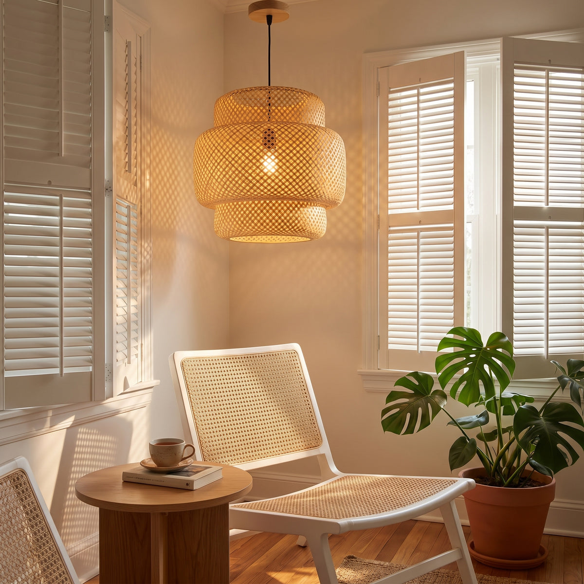 Layered bamboo pendant lamp shade above a reading chair in a Florida bungalow