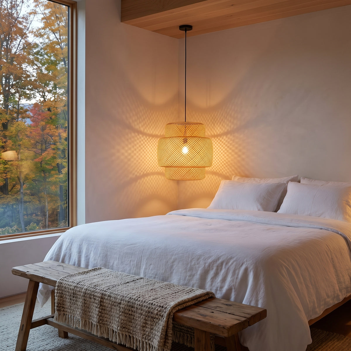 Layered bamboo pendant lamp shade beside the bed in a Hudson Valley bedroom
