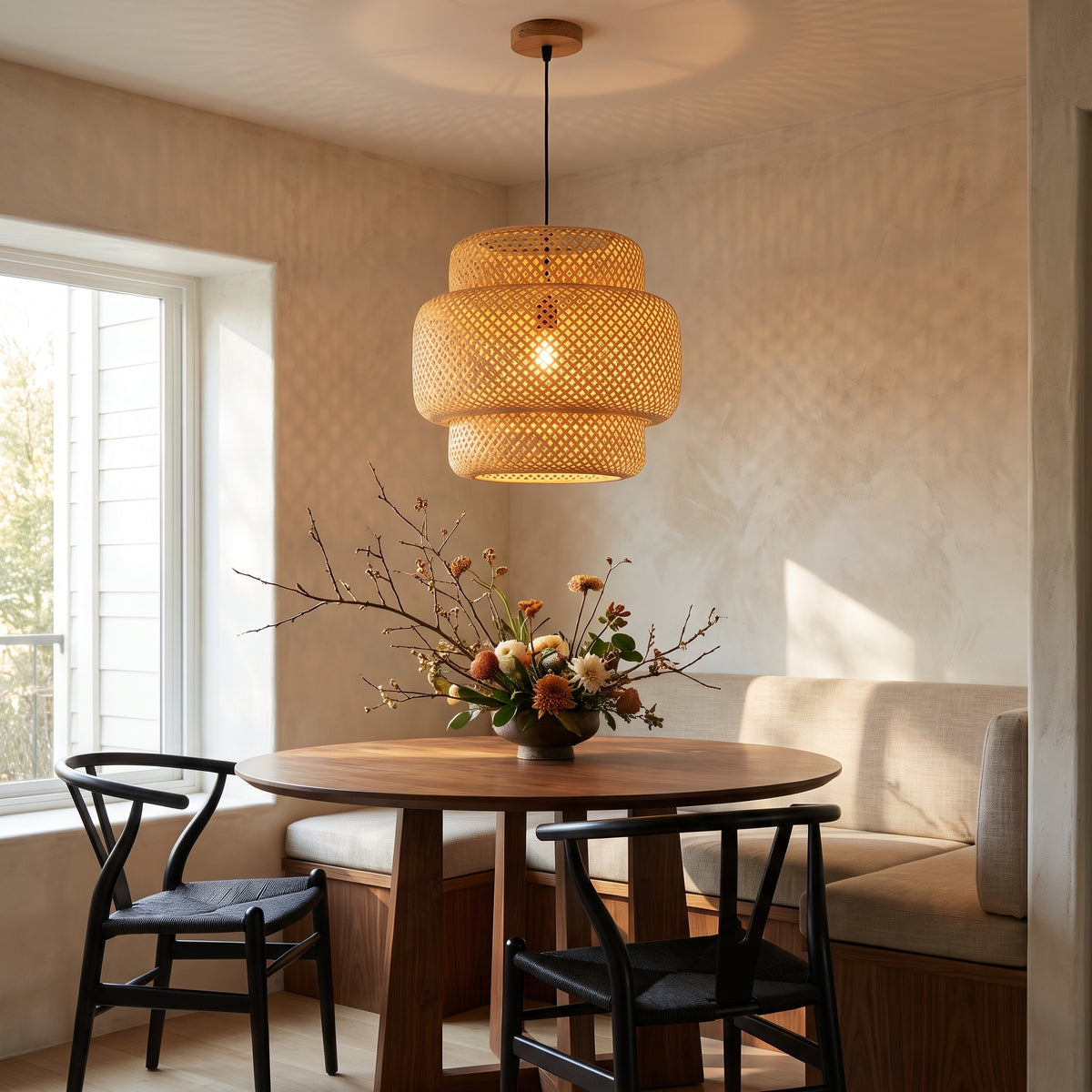 Layered bamboo pendant lamp shade above a Japandi dining nook