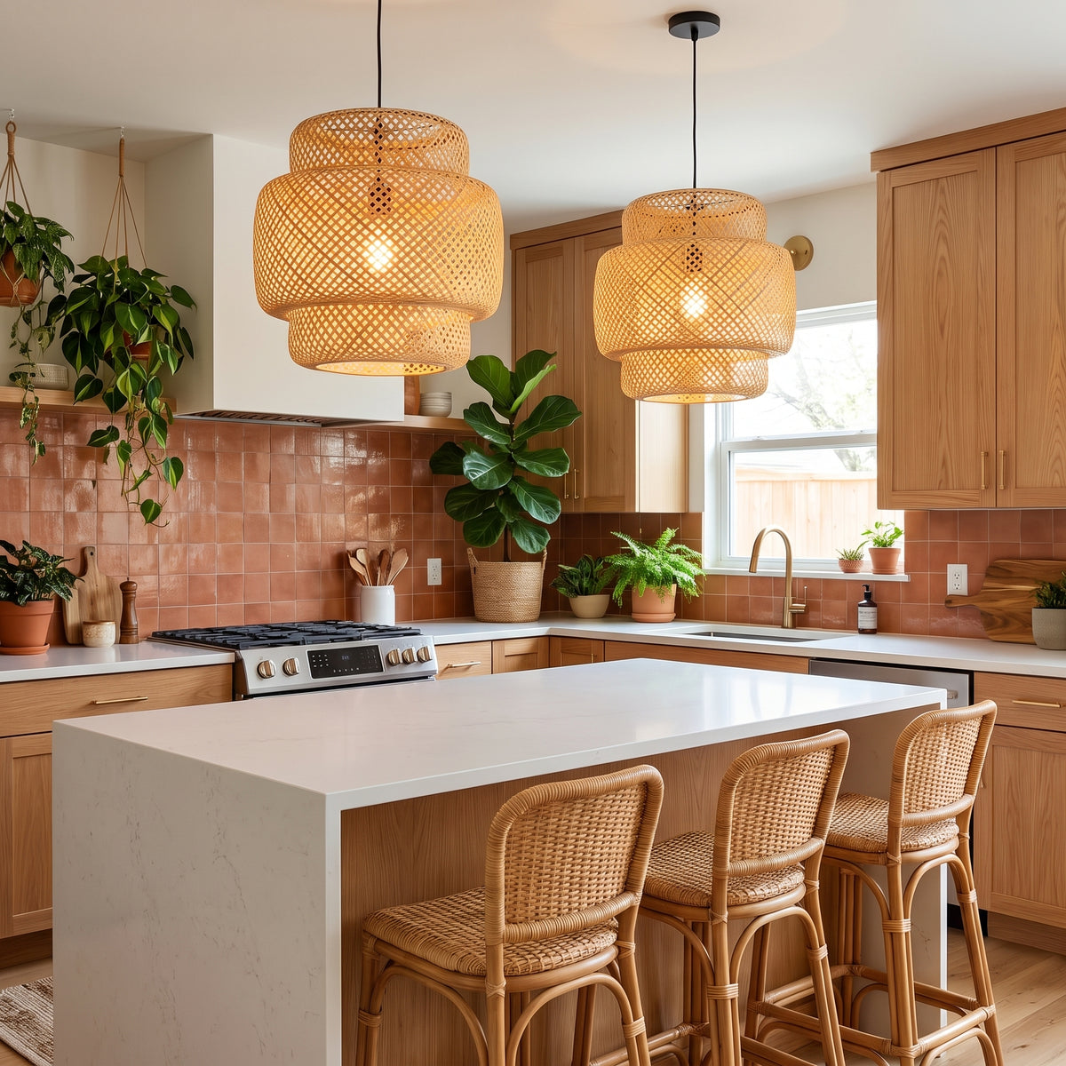 Layered bamboo pendant lamp shade above a boho kitchen island
