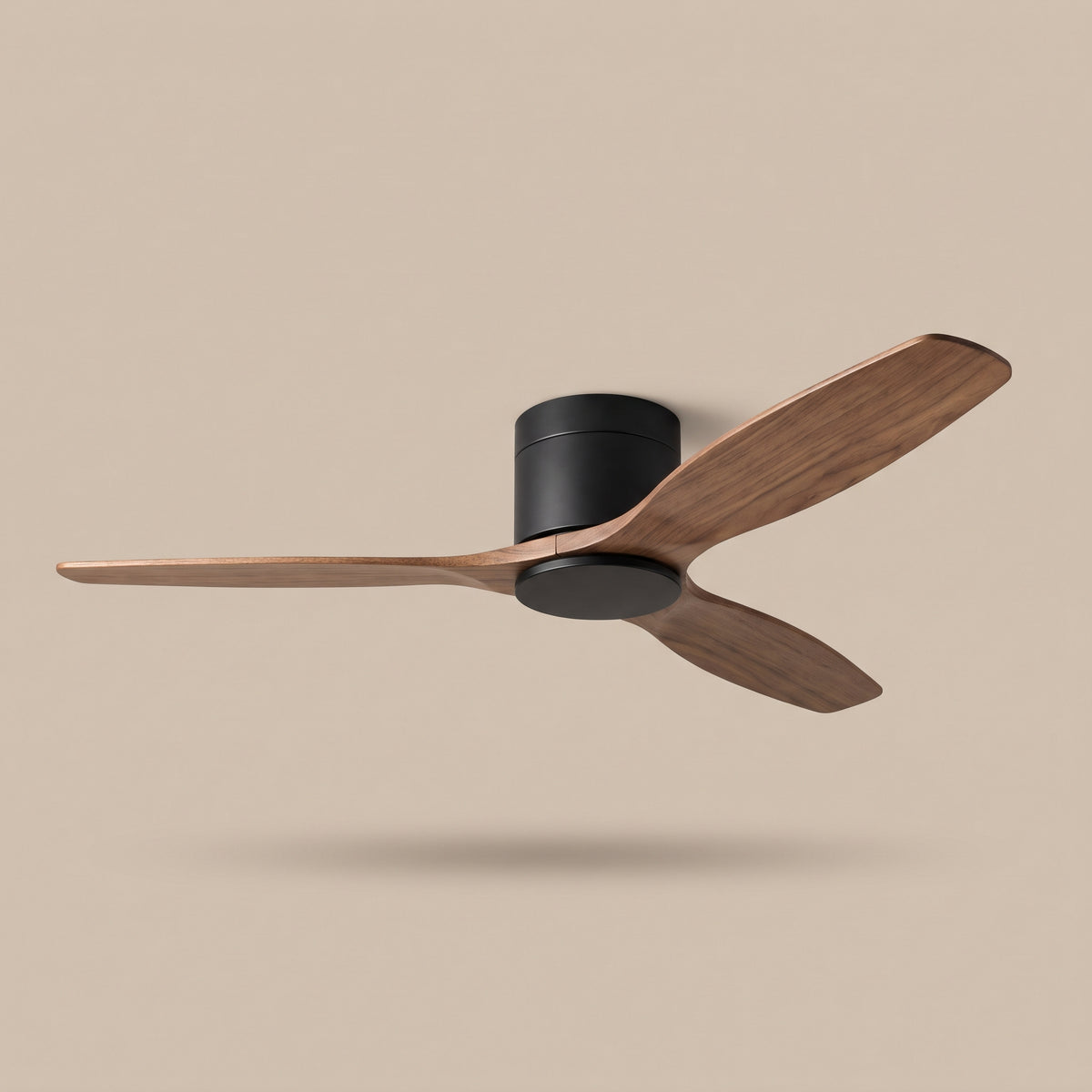 Sylva walnut low-profile ceiling fan, three-quarter view