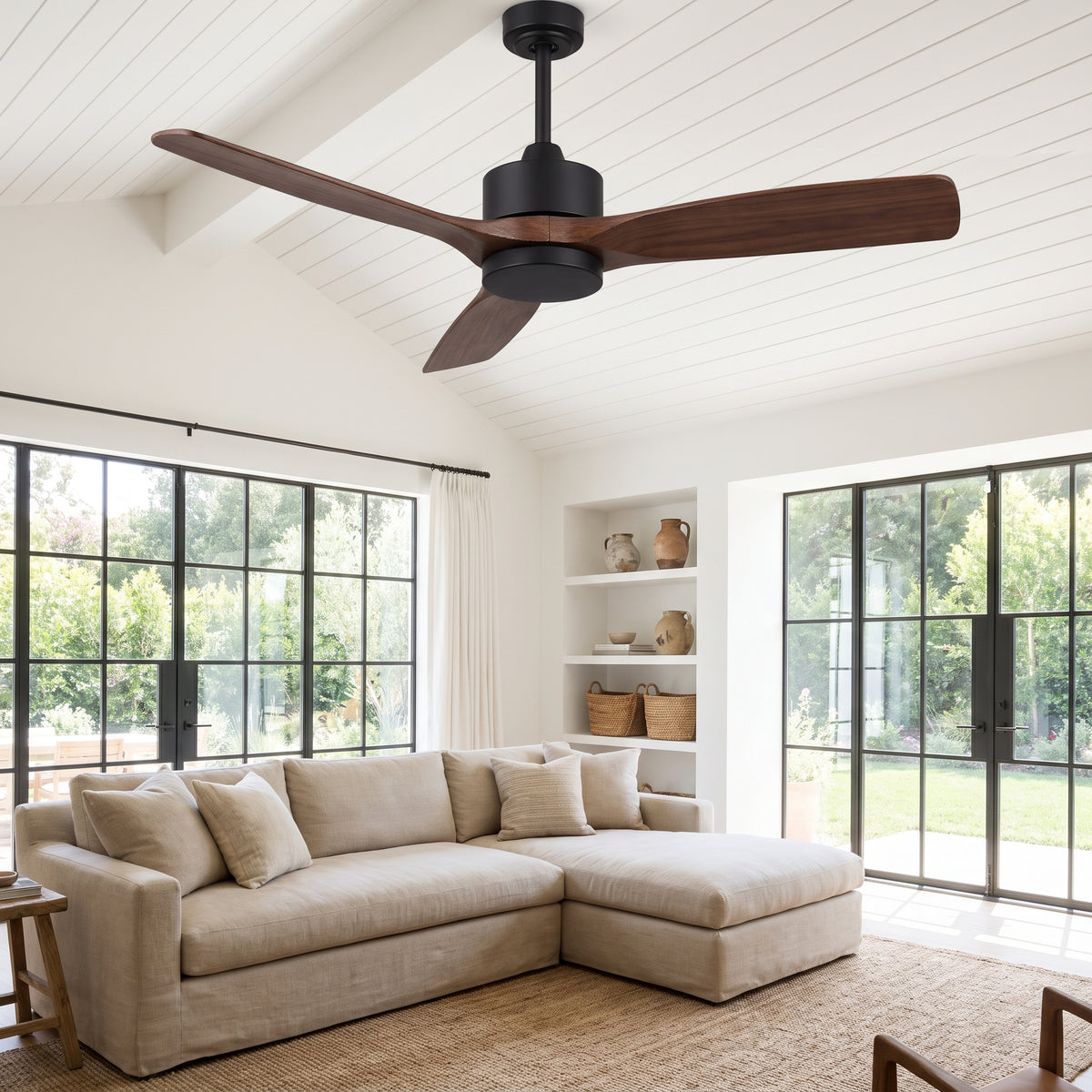 Sylva walnut low-profile ceiling fan in a living room