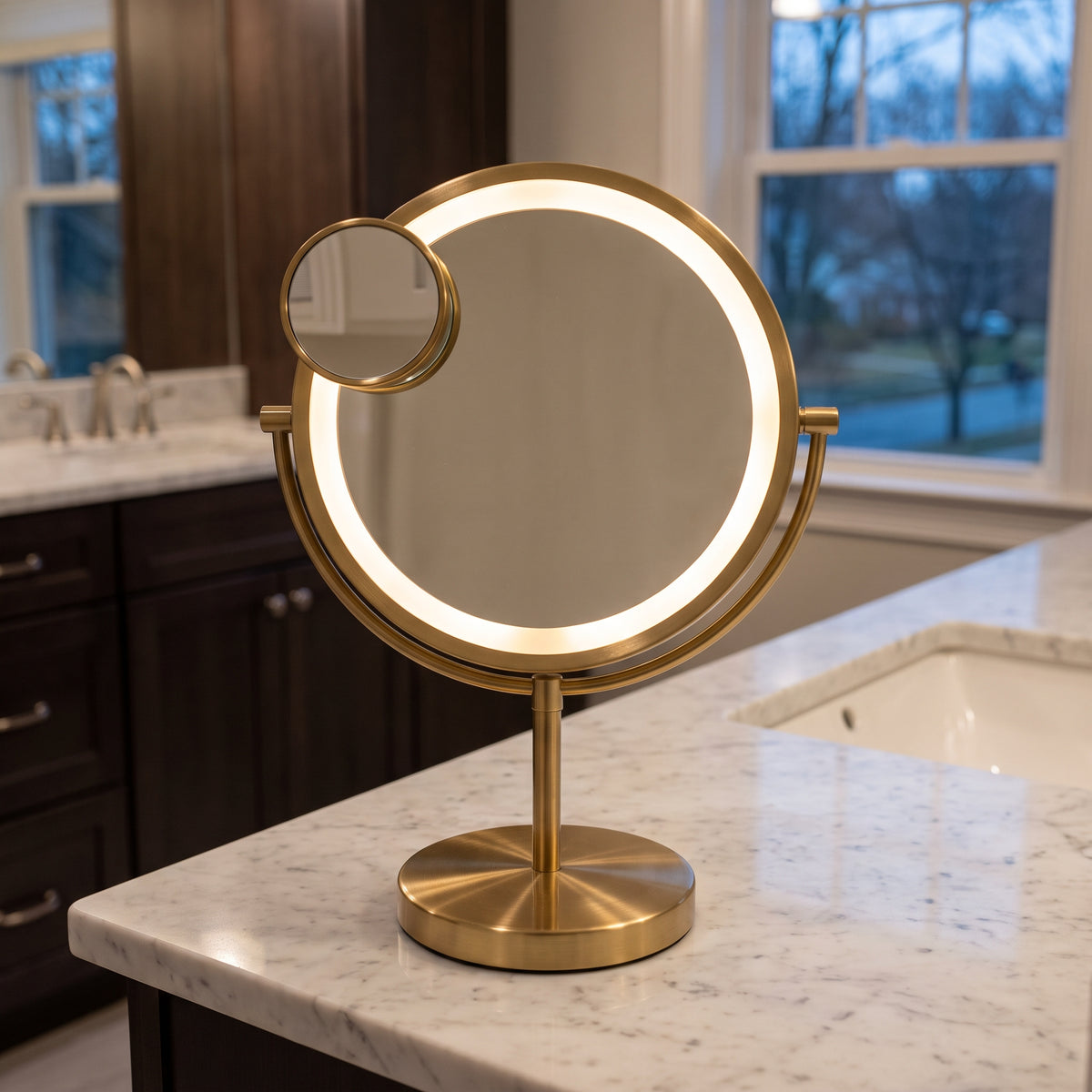 Aura Vanity LED makeup mirror on a bathroom countertop
