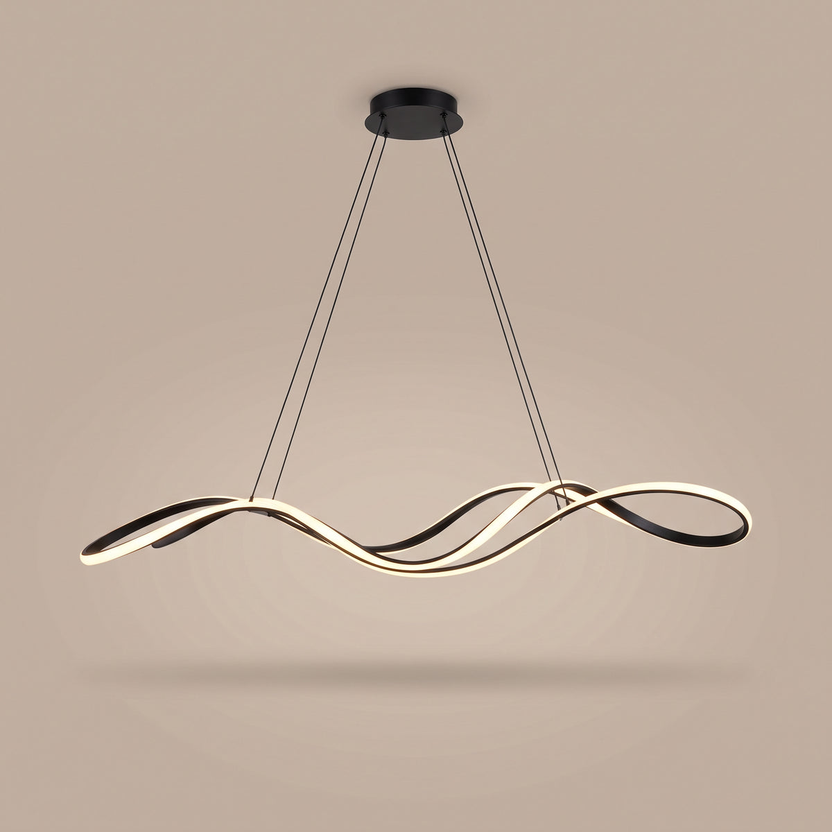 Ondine wave linear LED pendant, lit, studio view