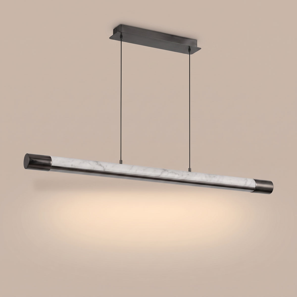 Carrara Line marble linear pendant, three-quarter view