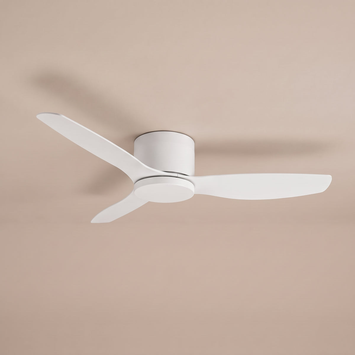 Breeze white low-profile ceiling fan, three-quarter view