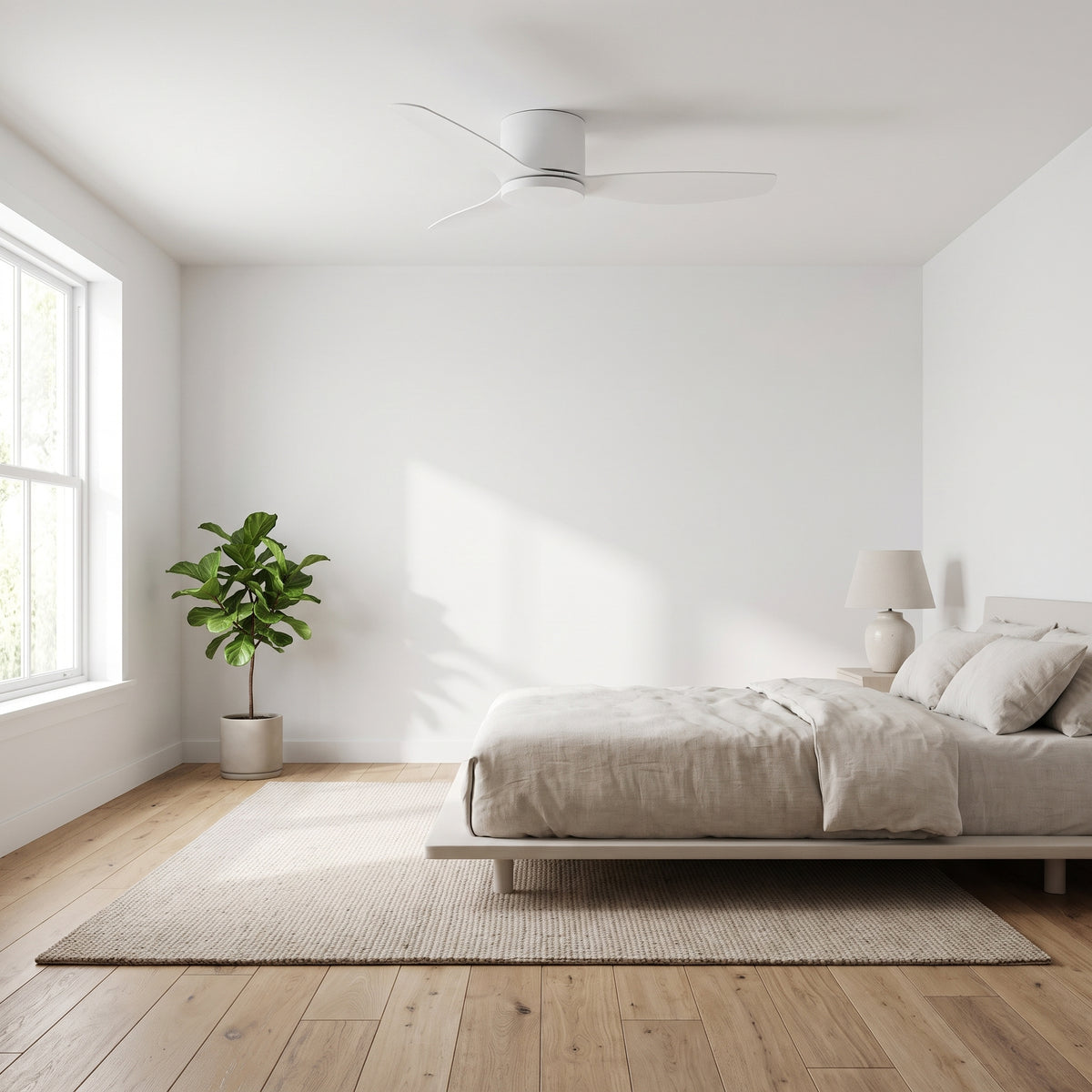 Breeze white ceiling fan in a Scandinavian bedroom