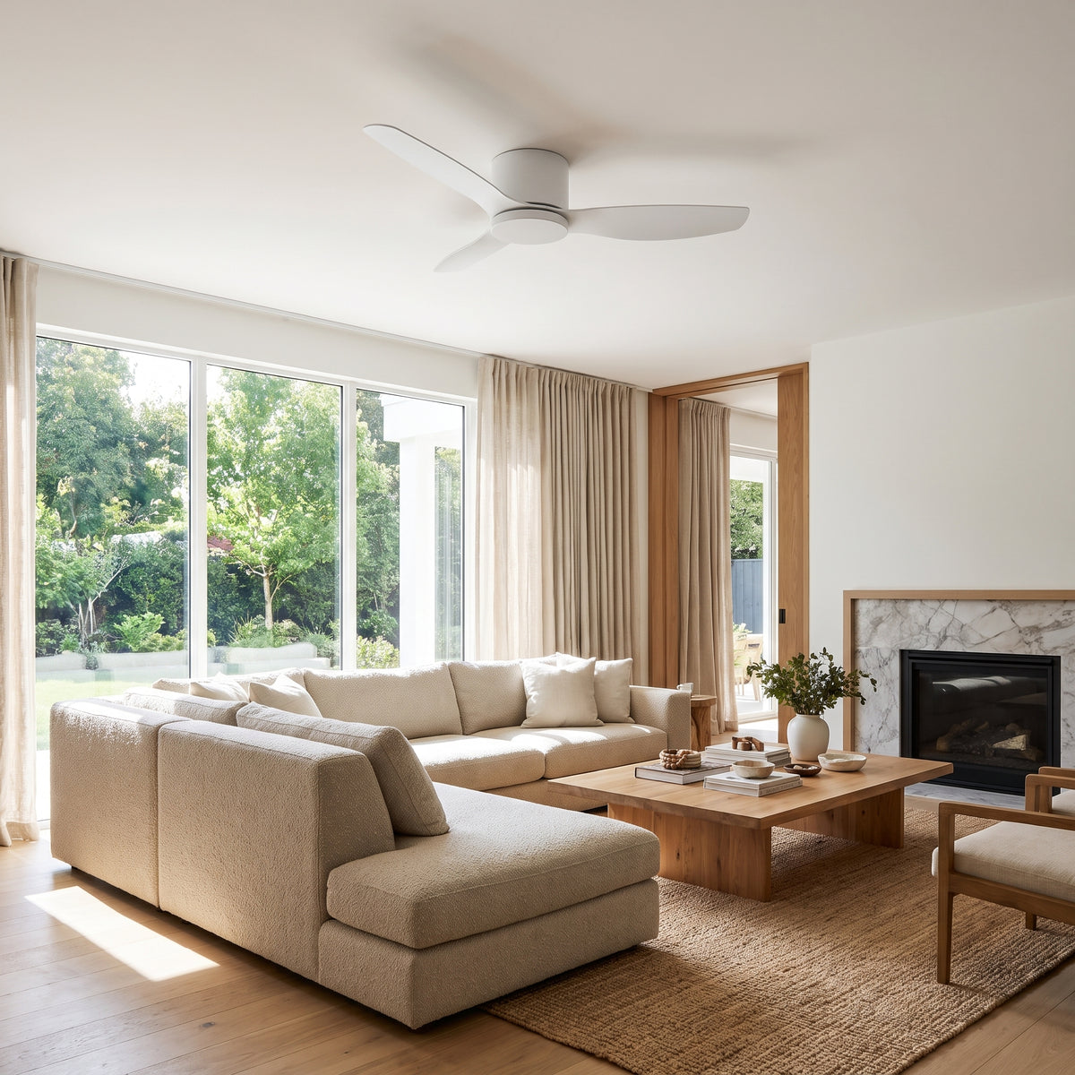 Breeze white ceiling fan in a bright living room
