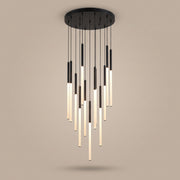 Cascade LED tube cluster chandelier, lit, studio view