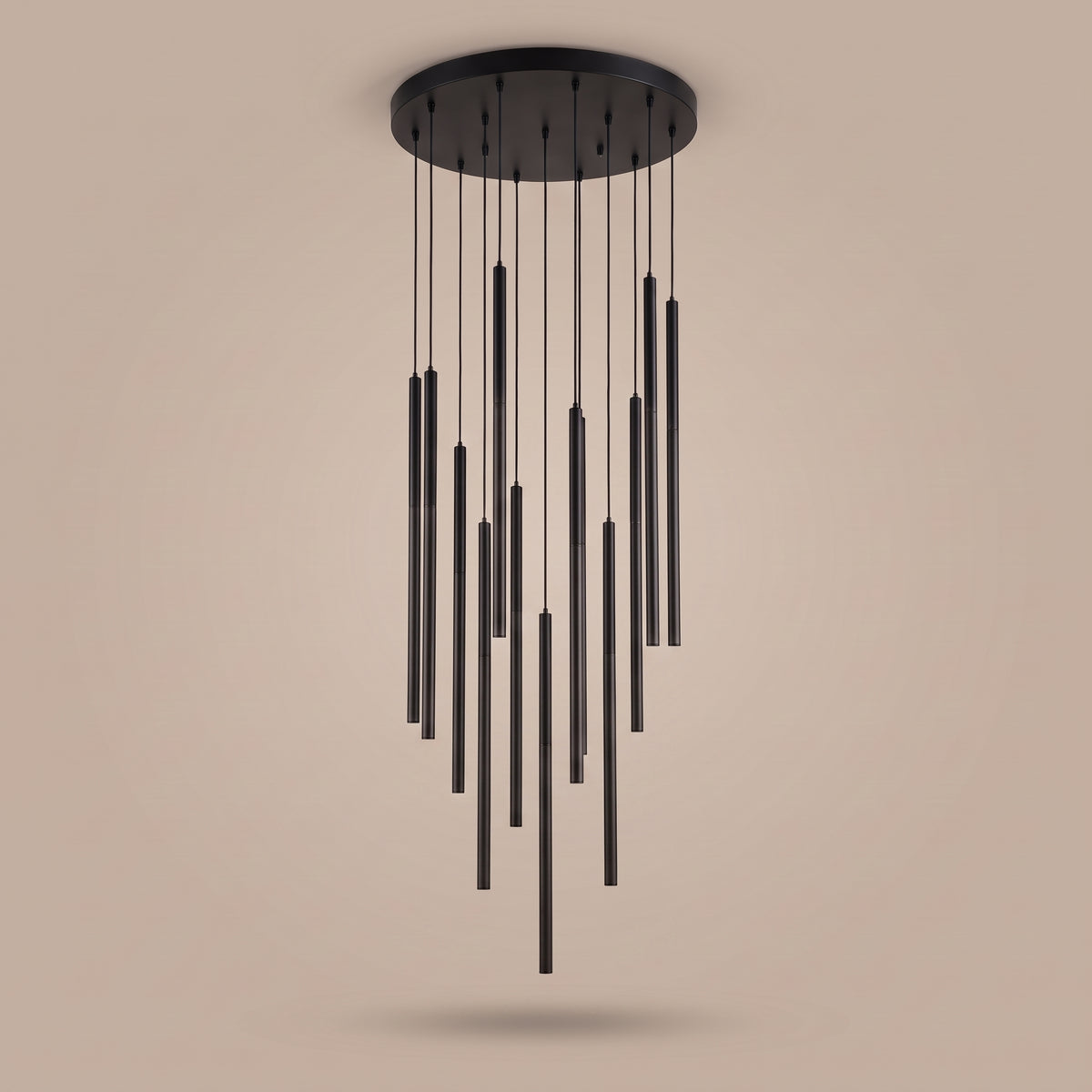 Cascade LED tube cluster chandelier, three-quarter view, unlit