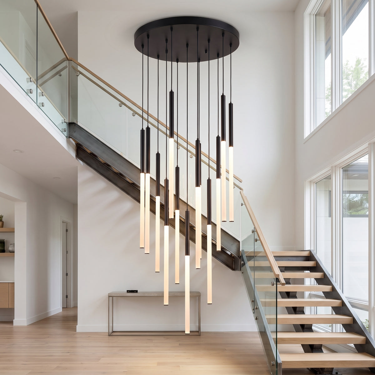 Cascade cluster chandelier in a double-height foyer