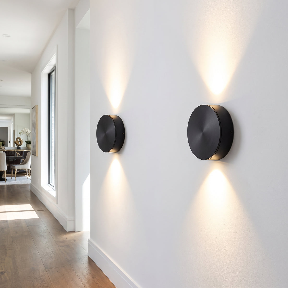 Duo Beam wall lights in a modern hallway