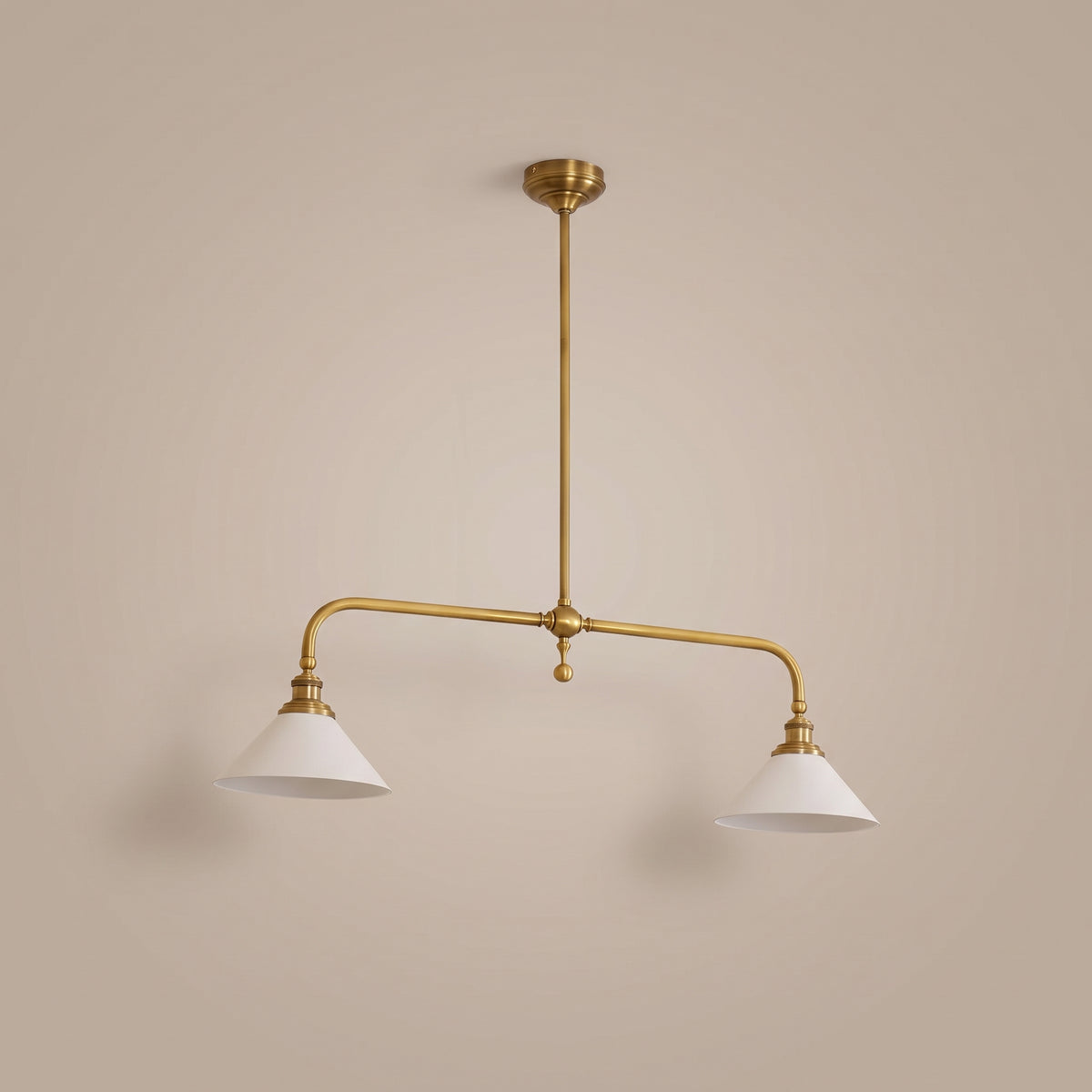 Ashbury brass 2-light linear pendant, three-quarter view, unlit