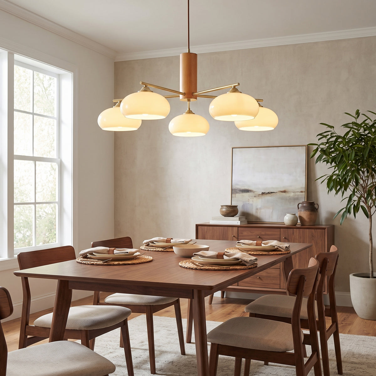 Kaki chandelier above a mid-century dining table
