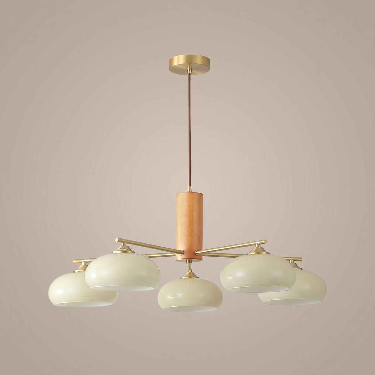 Kaki persimmon glass chandelier, three-quarter view, unlit