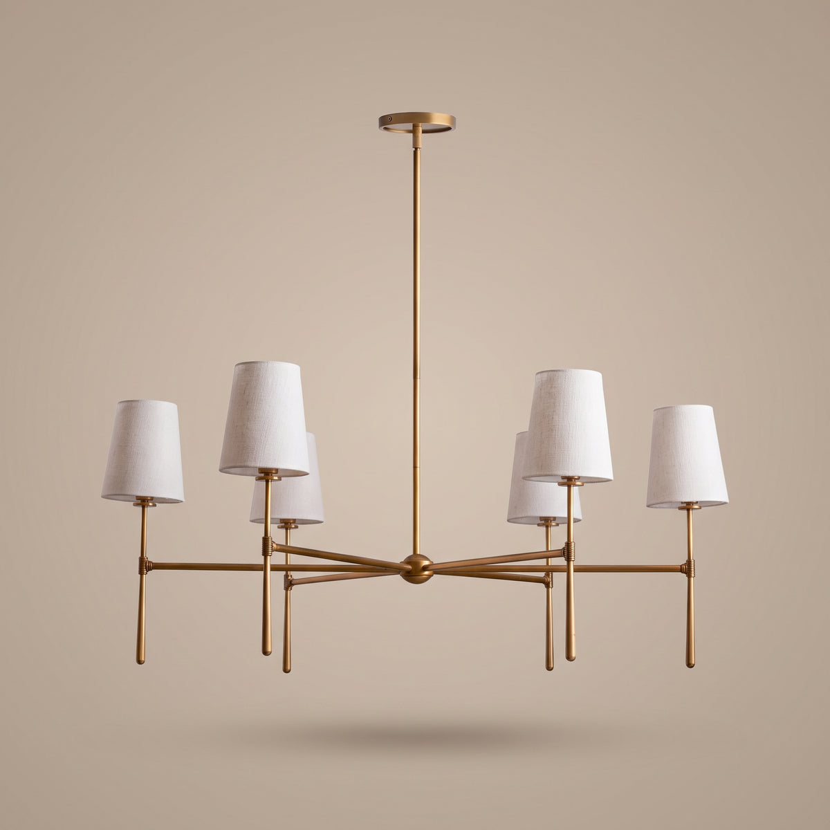 Belmont brass chandelier, three-quarter view, unlit