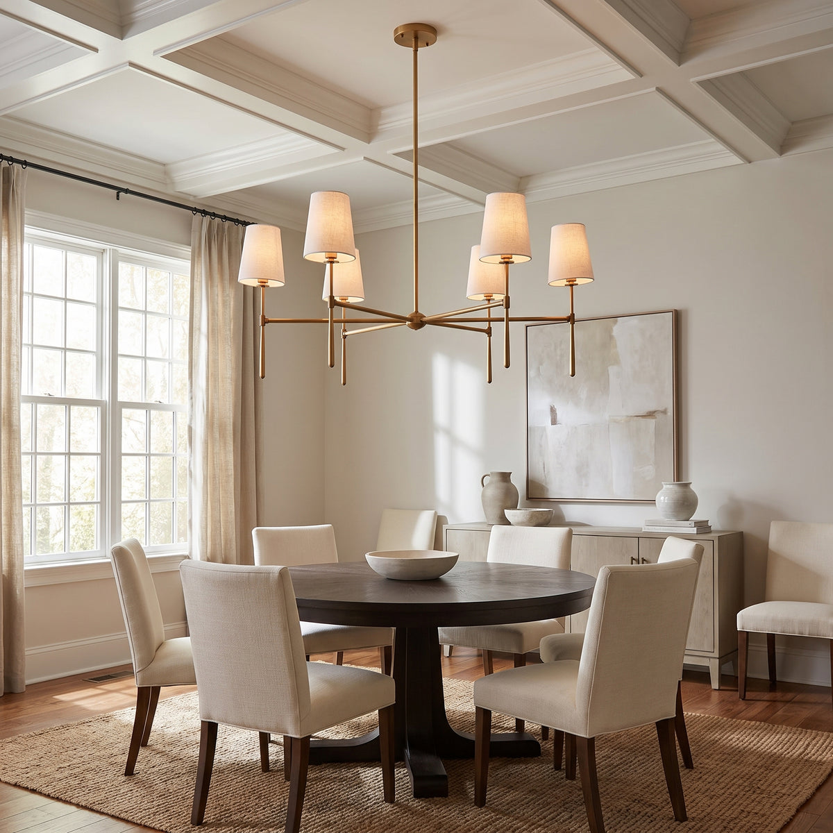 Belmont chandelier above a round dining table