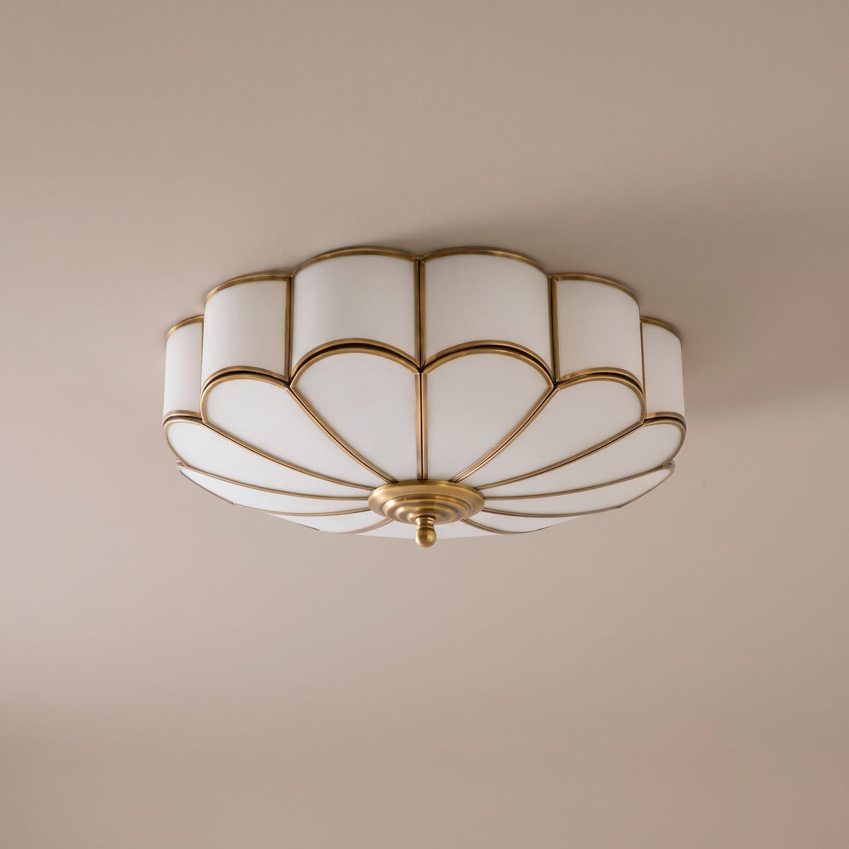 Fleur scalloped glass flush mount, three-quarter view, unlit