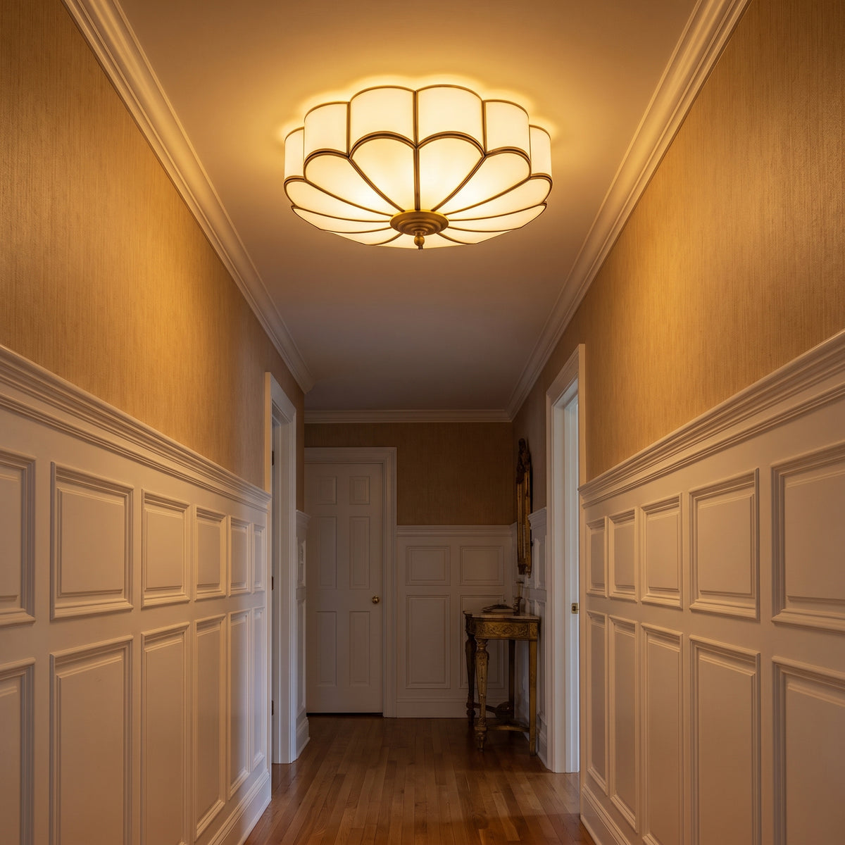 Fleur flush mount in a traditional hallway