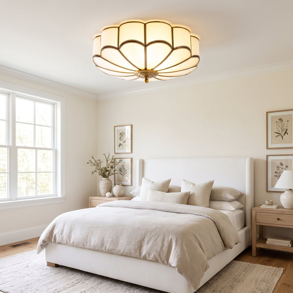 Fleur flush mount ceiling light in a bright bedroom