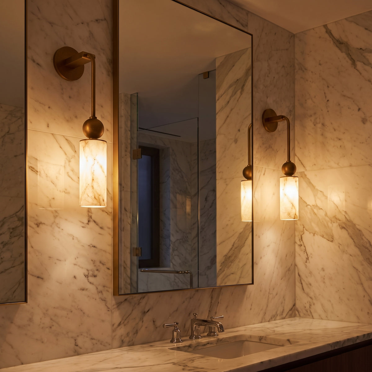 Pair of Alba alabaster sconces in a marble bathroom