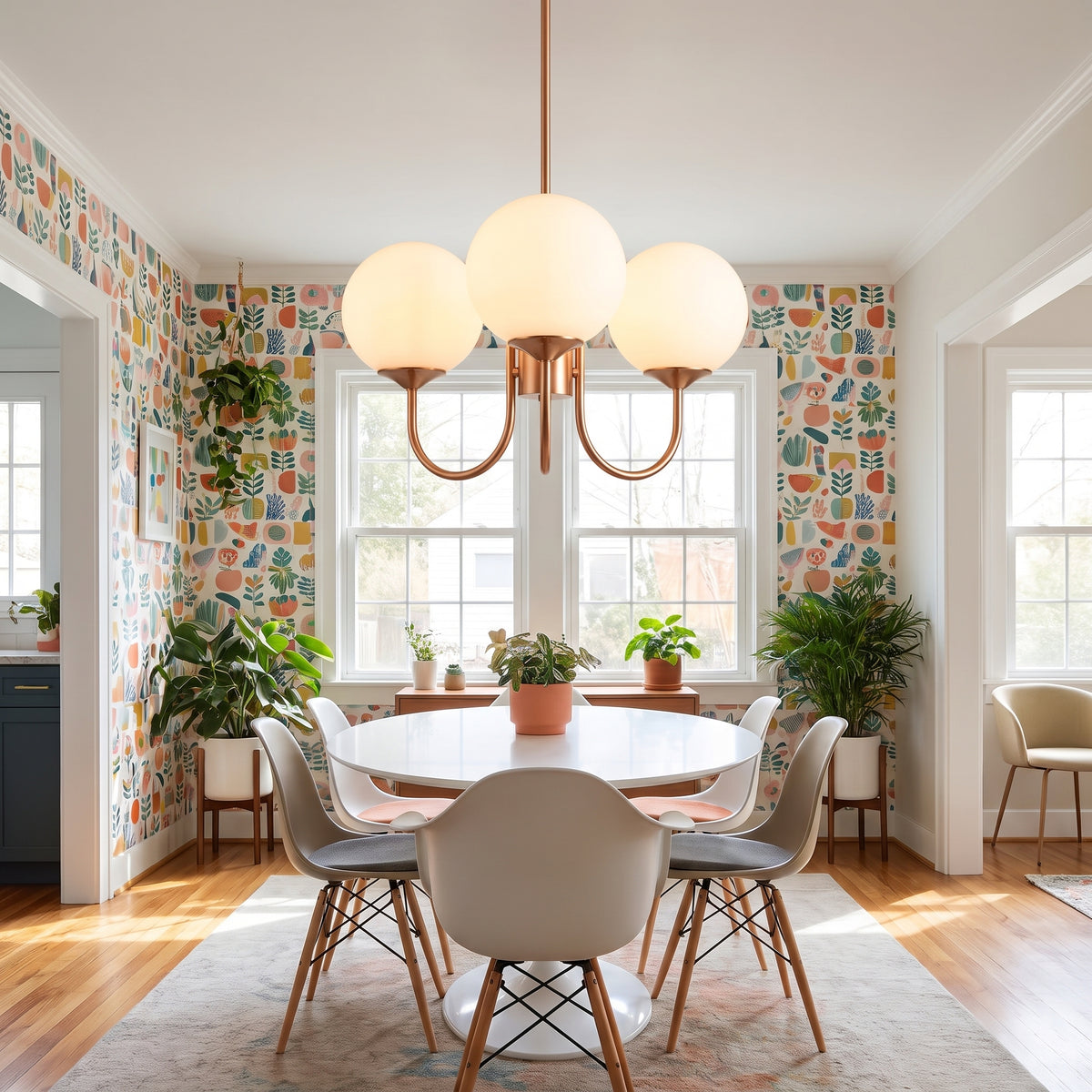 Bonbon chandelier above a round dining table